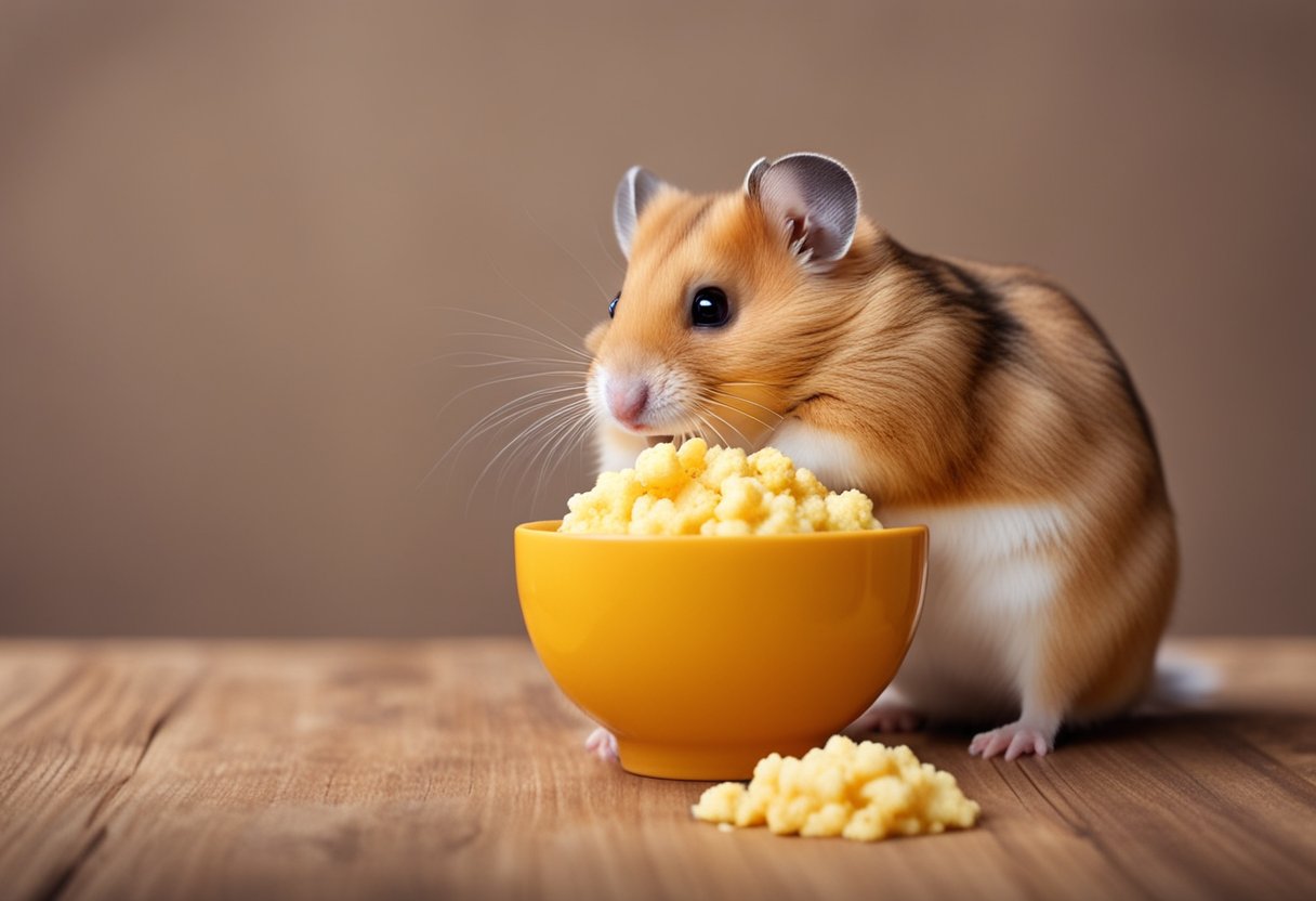 A hamster sits in front of a small bowl of scrambled eggs, sniffing cautiously before taking a tiny nibble