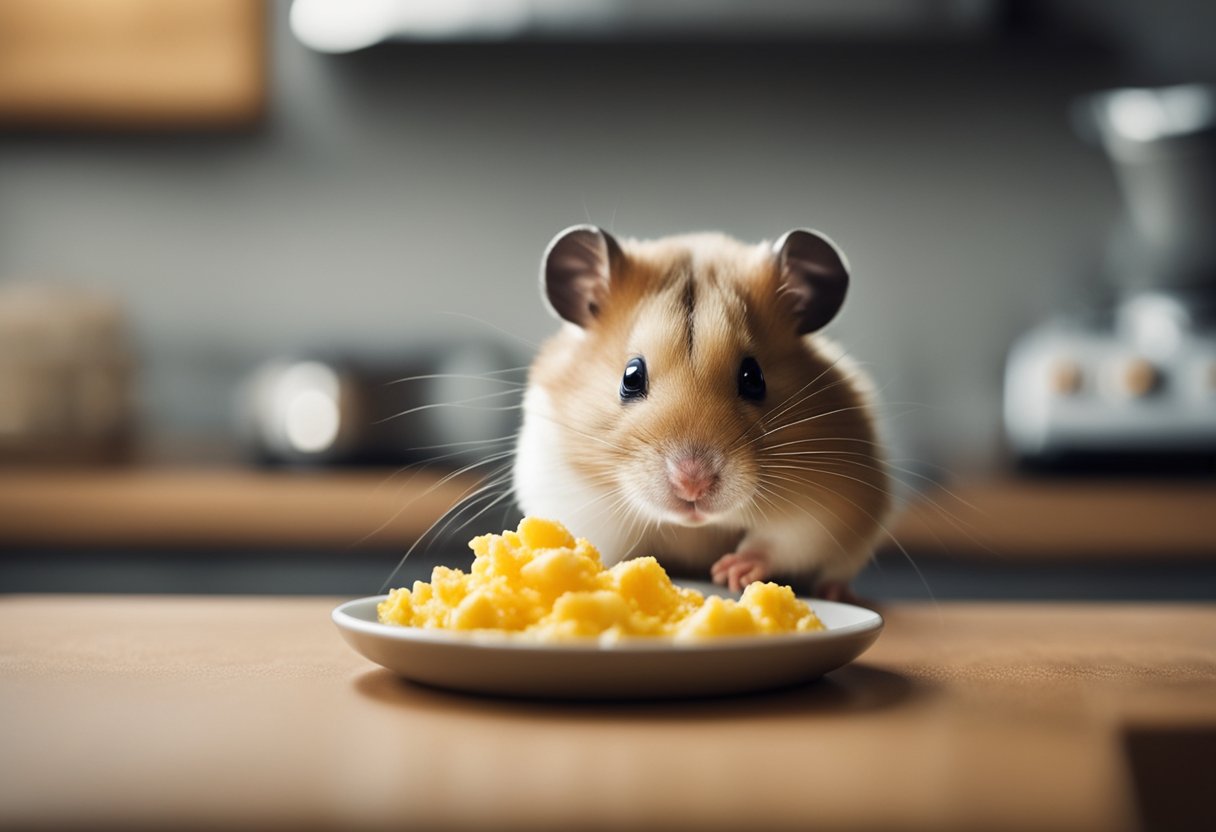 A hamster sits next to a bowl of scrambled eggs, looking at it curiously. The hamster's whiskers twitch as it sniffs the eggs