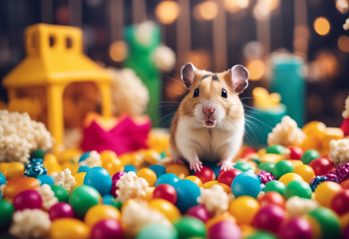 Hamsters munch on popcorn in a cozy cage, surrounded by colorful toys and bedding