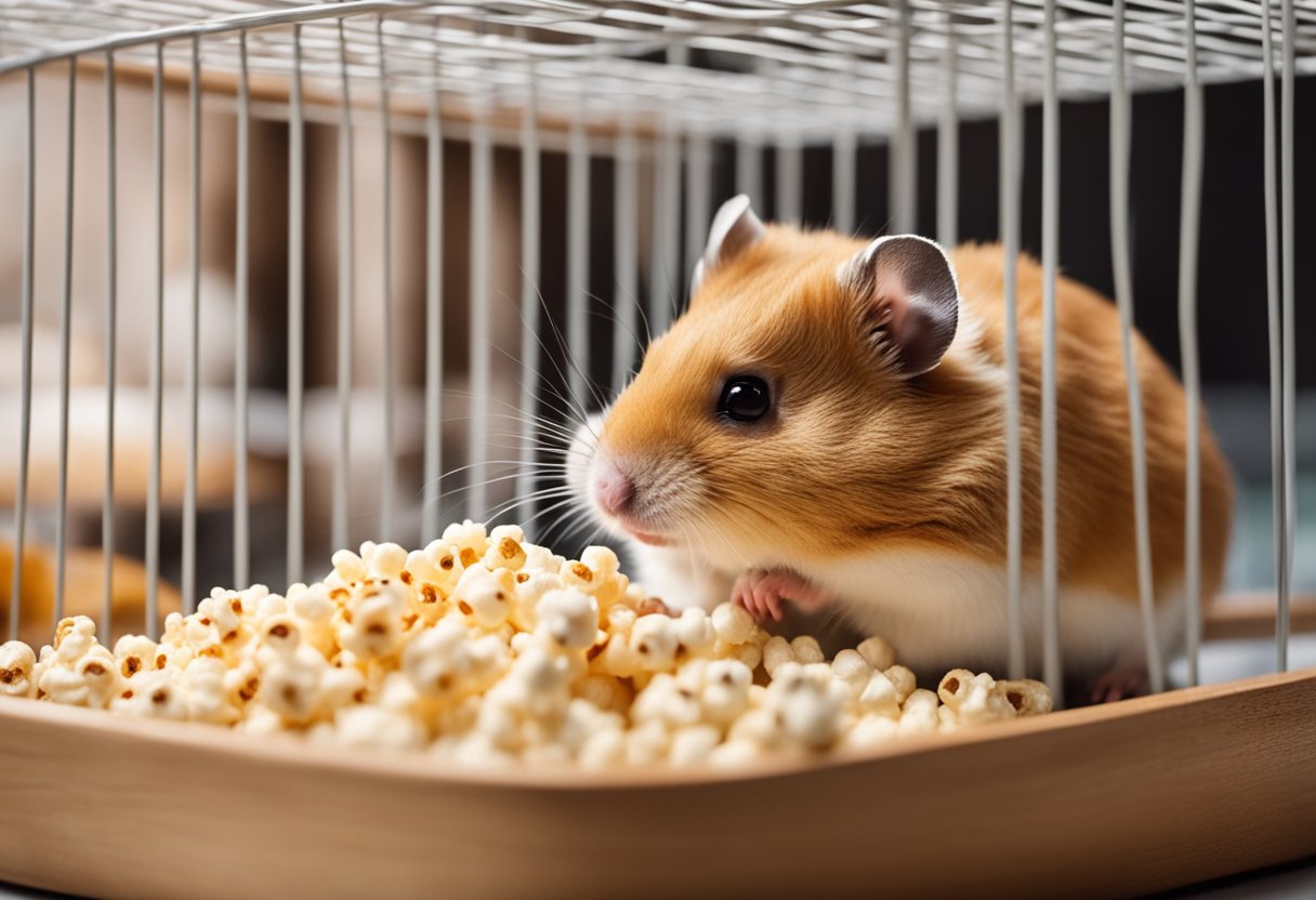 A hamster sits in its cage, surrounded by various food options. A bowl of popcorn sits nearby, as the hamster sniffs at it curiously