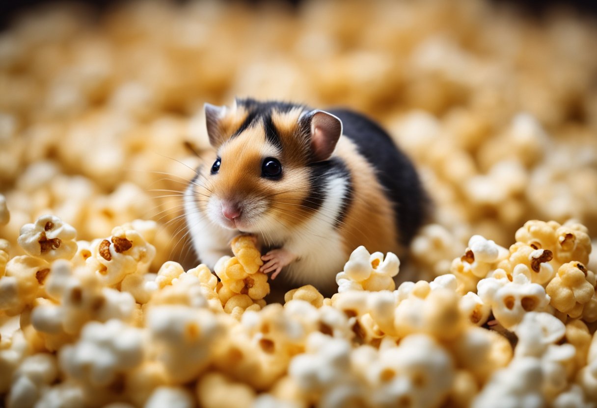 Hamsters surround a pile of popcorn, sniffing and nibbling cautiously