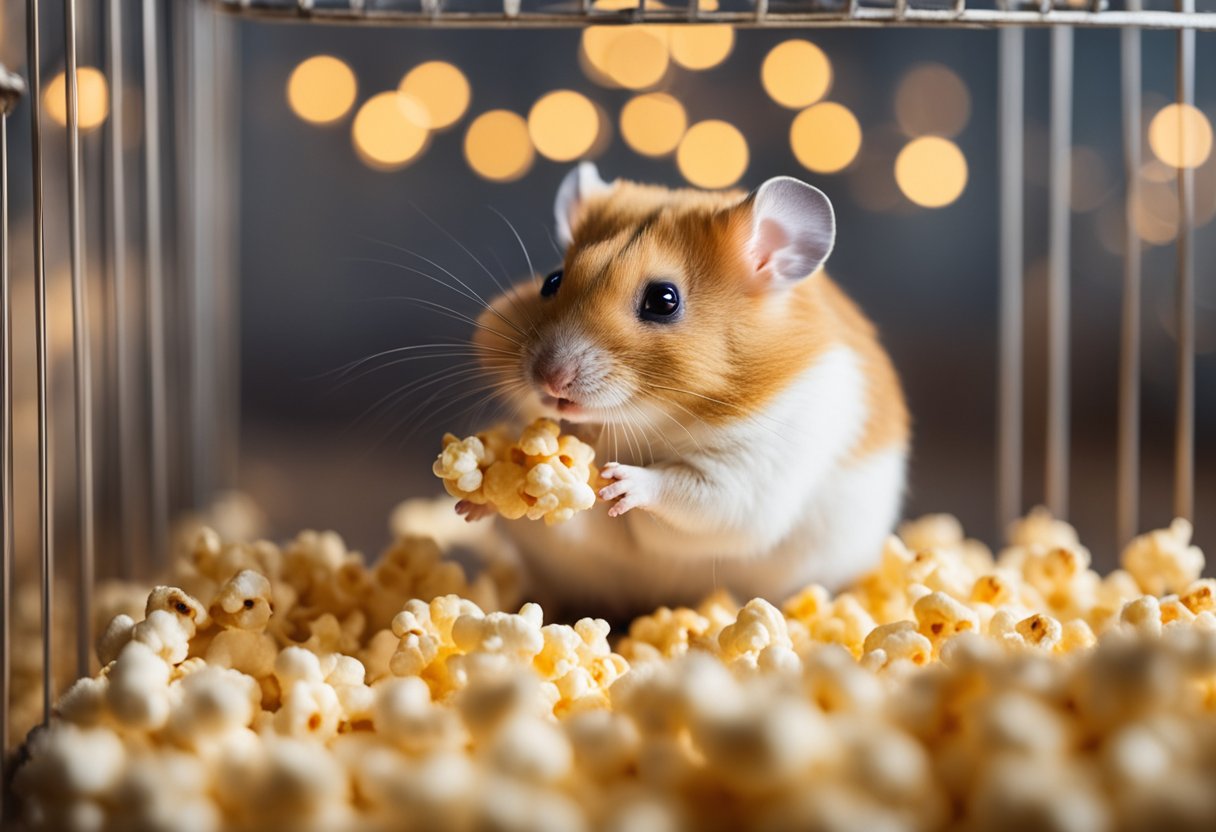 Hamsters munching on popcorn, scattered around their cage