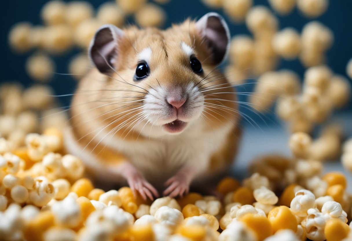 A hamster sits in its cage, surrounded by scattered popcorn. It looks up with curiosity, munching on a piece in its tiny paws