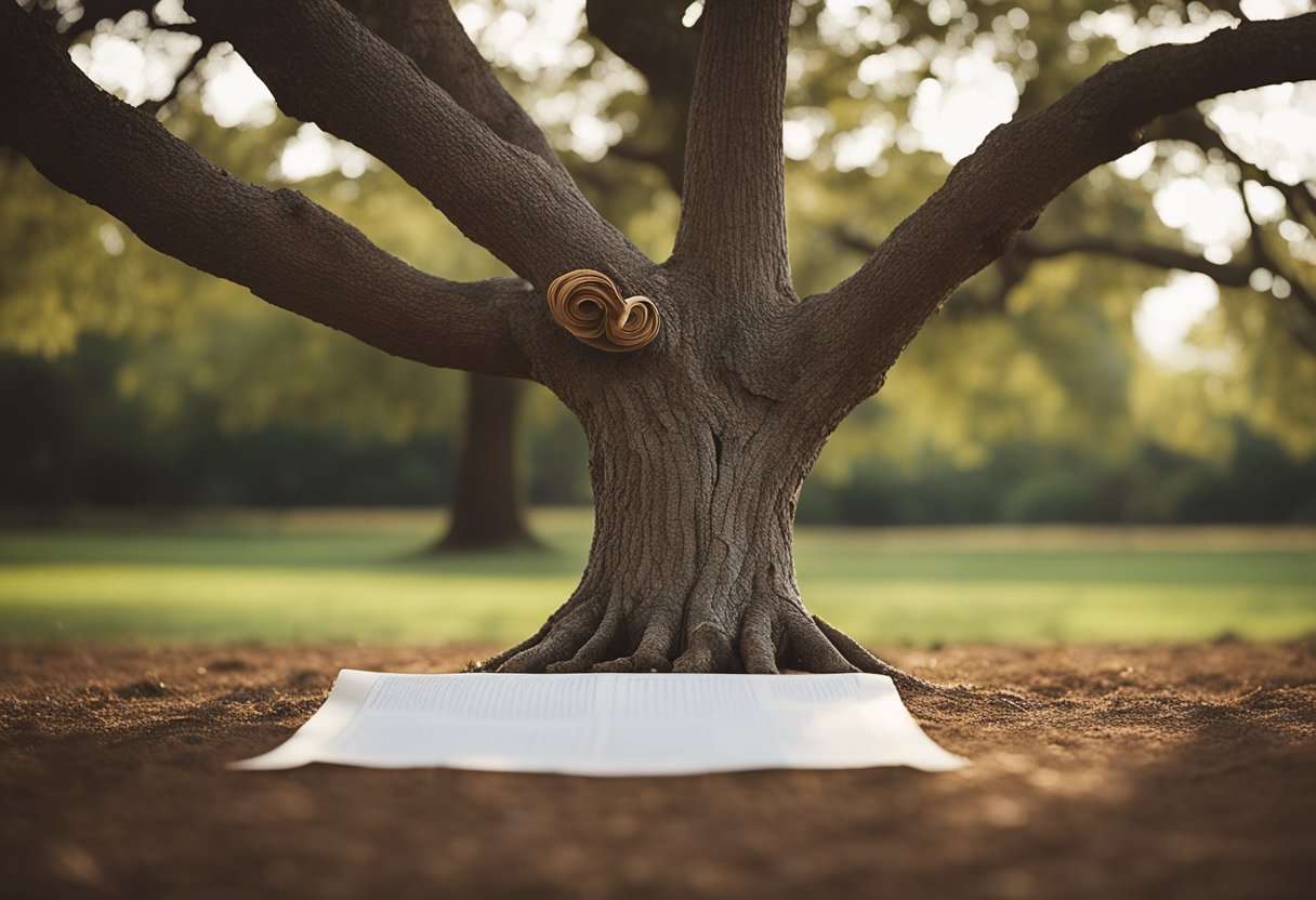 A sturdy oak tree with a paper scroll tied to its trunk, symbolizing the enduring nature of power of attorney over a parent