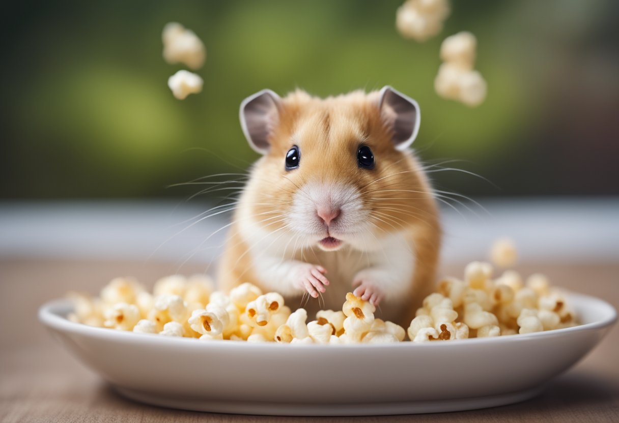 A hamster with a bowl of popcorn, a question mark above its head
