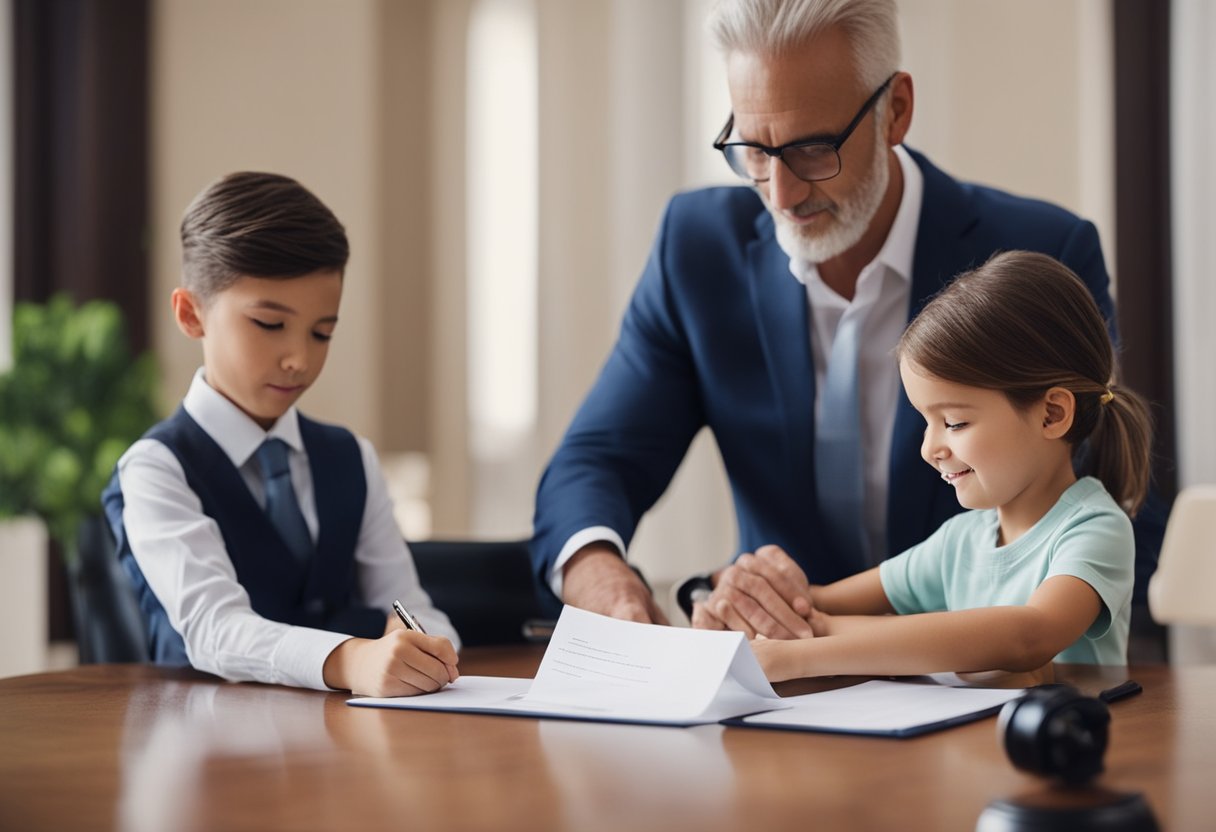 A document signing ceremony with a lawyer and an adult child, with the parent's signature and a notary stamp visible on the power of attorney form