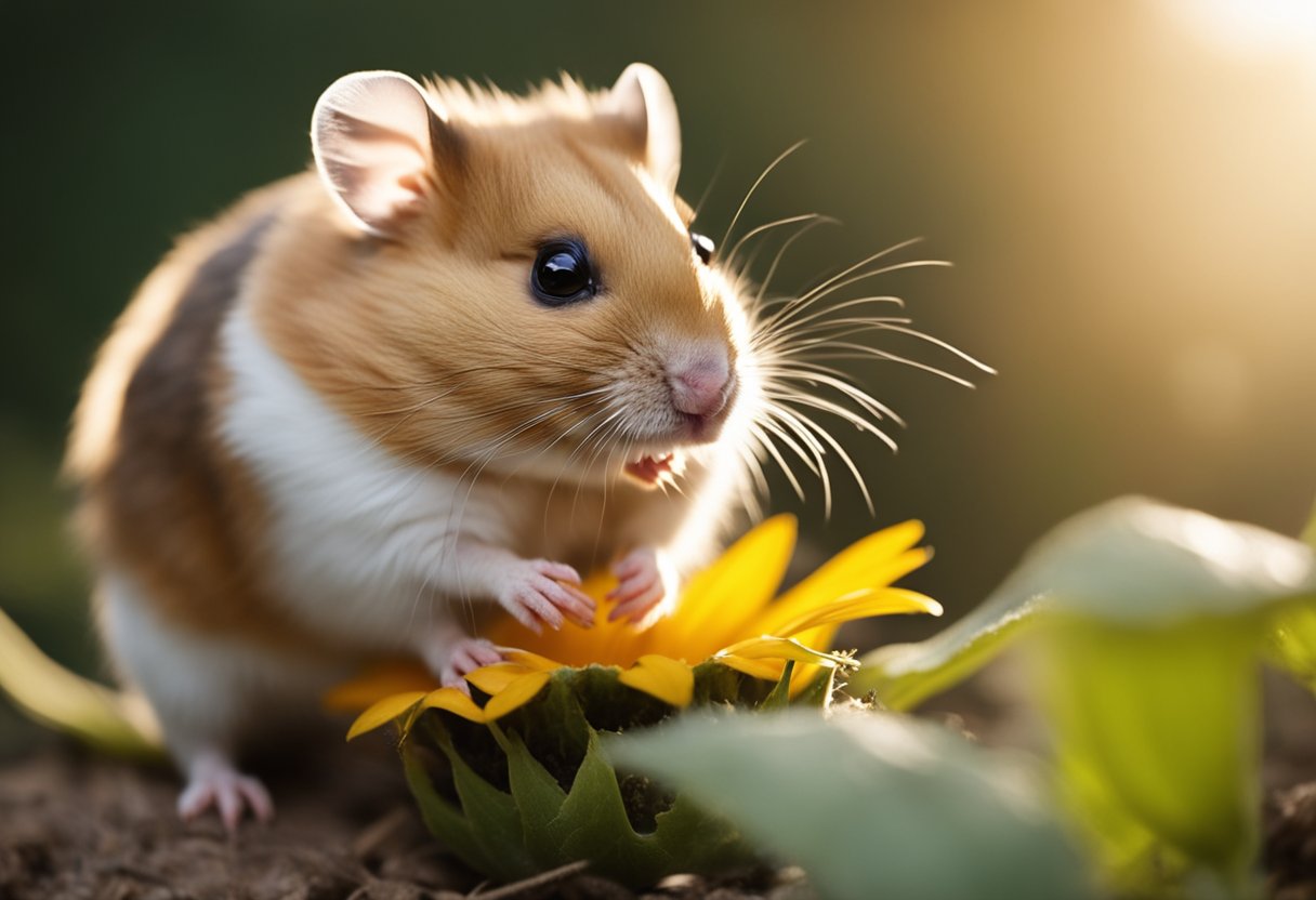 A hamster puffs up its cheeks while nibbling on a sunflower seed, its tiny claws gripping the bars of the cage
