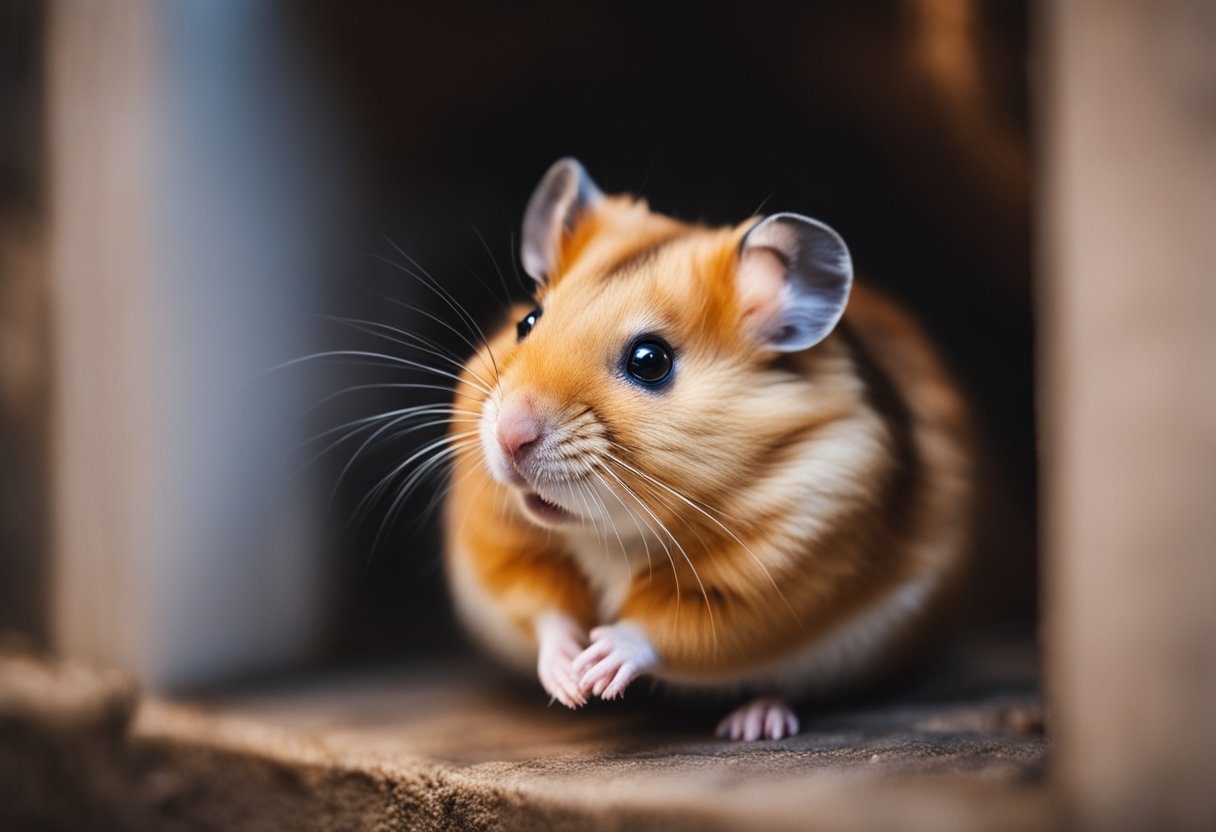 A hamster sits in a corner, cheeks puffed out, looking alert. It may be feeling threatened or hoarding food