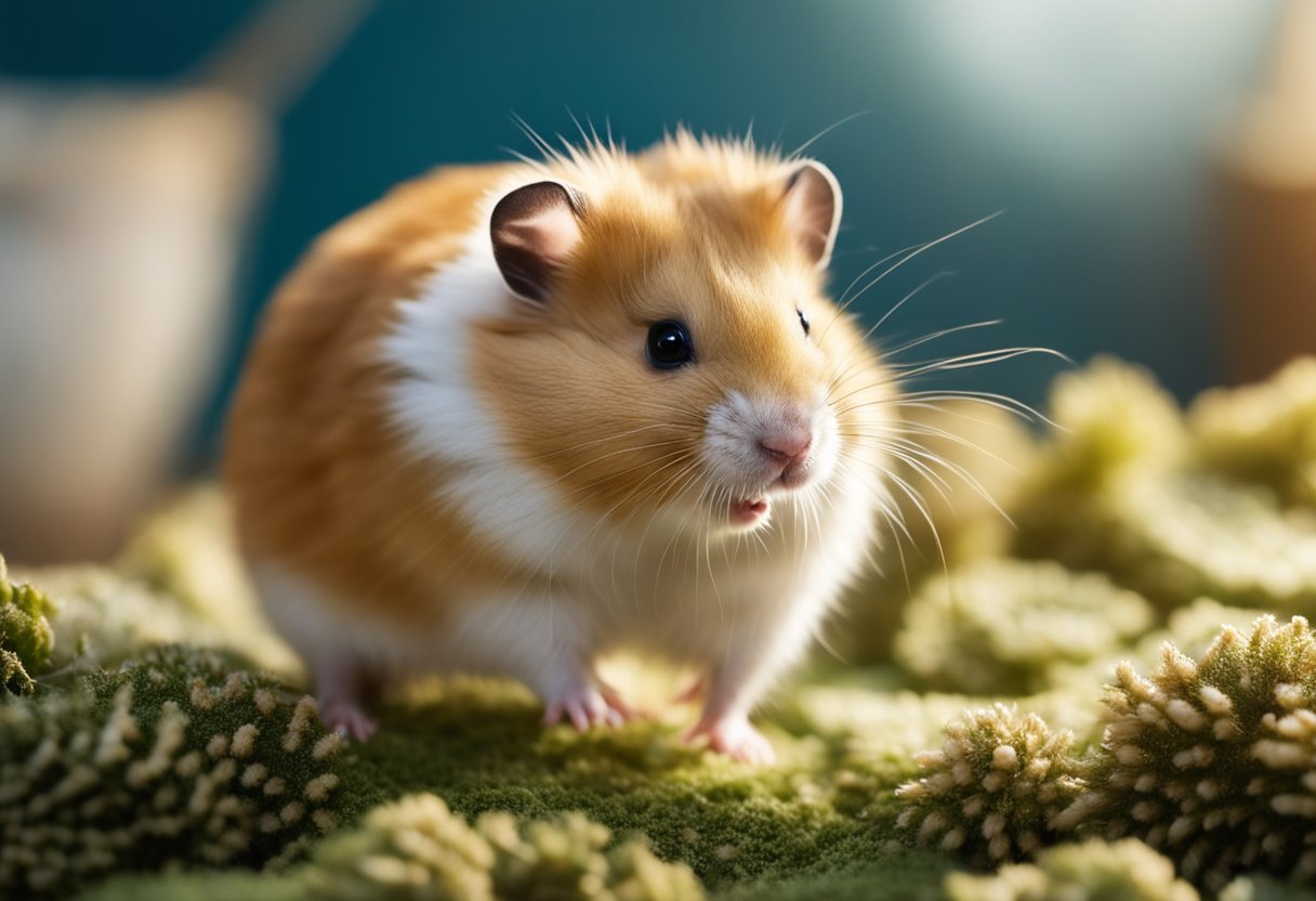 A hamster puffs up, with fur standing on end, as it feels stressed or threatened. Its ears may flatten and it might make huffing or hissing sounds