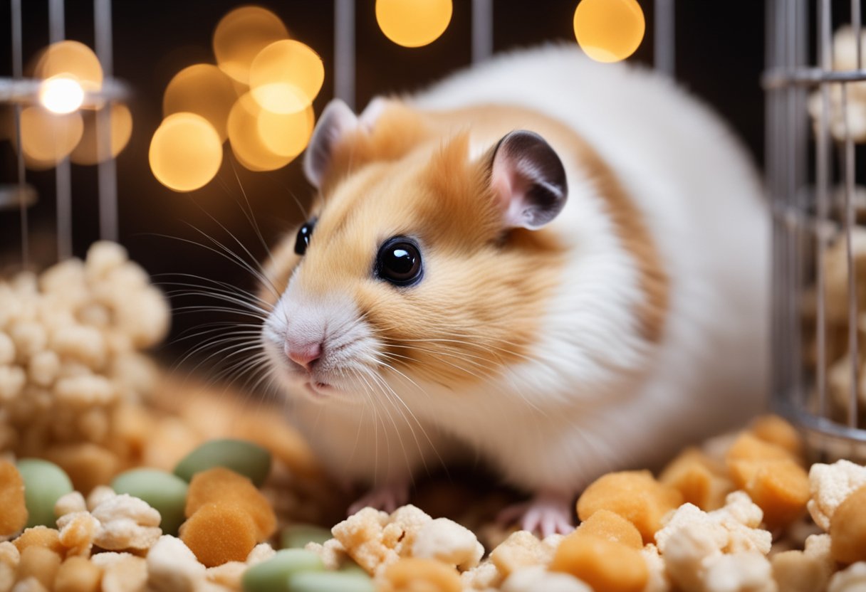 A hamster sits in a cage, cheeks puffed out, surrounded by scattered food and bedding. A question mark hovers above its head