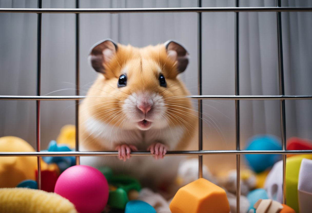 A hamster puffs up in a cozy cage, surrounded by toys and bedding, with a curious expression on its face