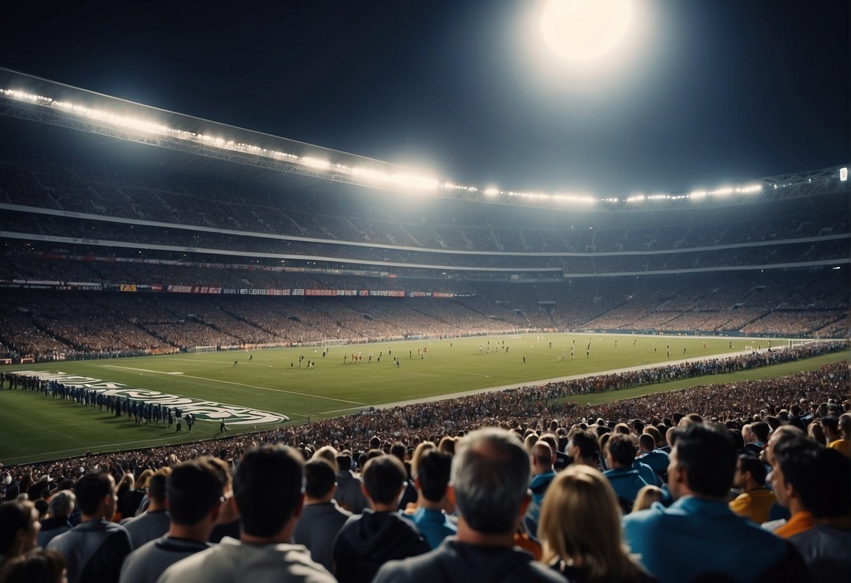 A crowded stadium with cheering fans, bright stadium lights, and athletes competing in various professional sports events