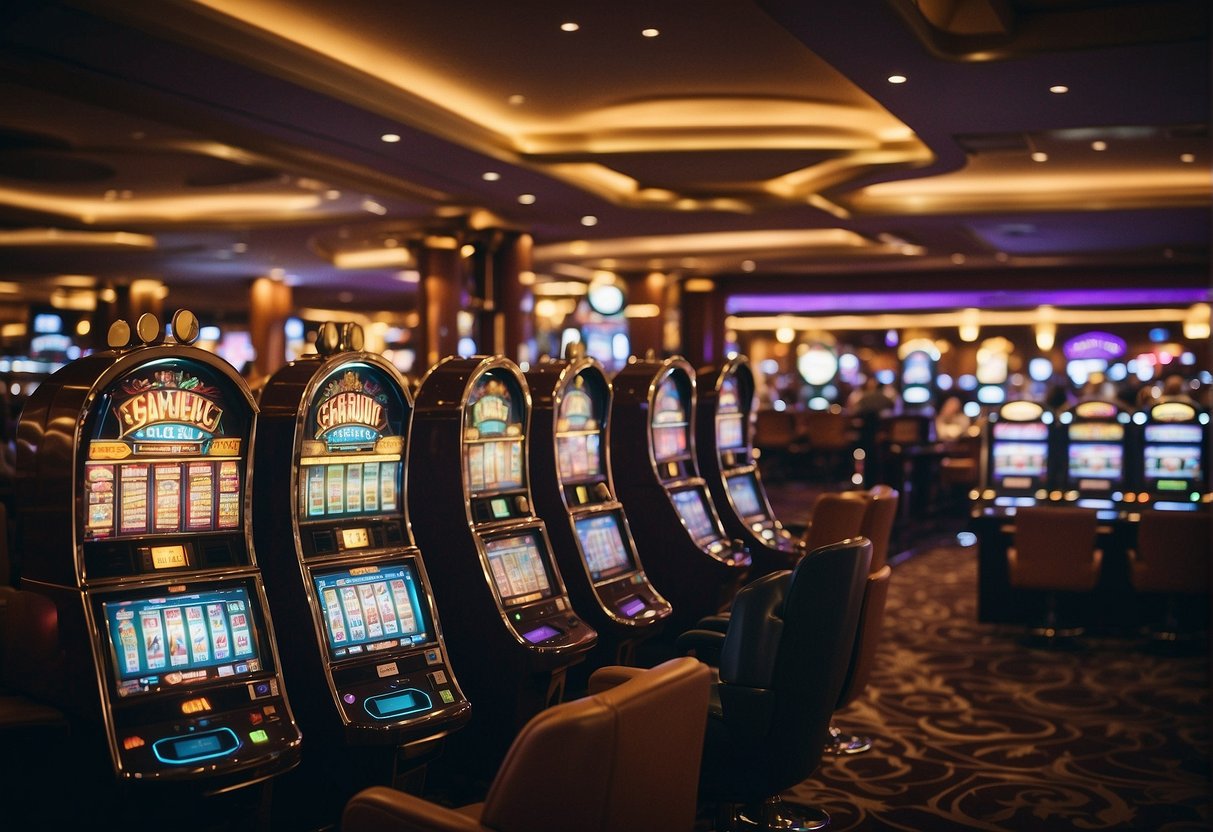 A bustling casino with colorful slot machines, poker tables, and excited patrons, showcasing the economic impact of regulated gambling in Brazil