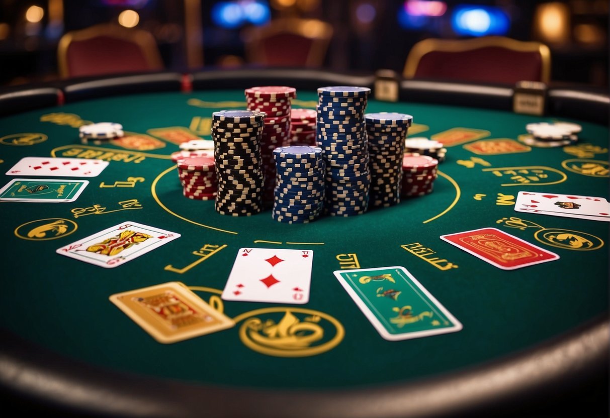 A poker table with branded sponsor logos, chips, and cards