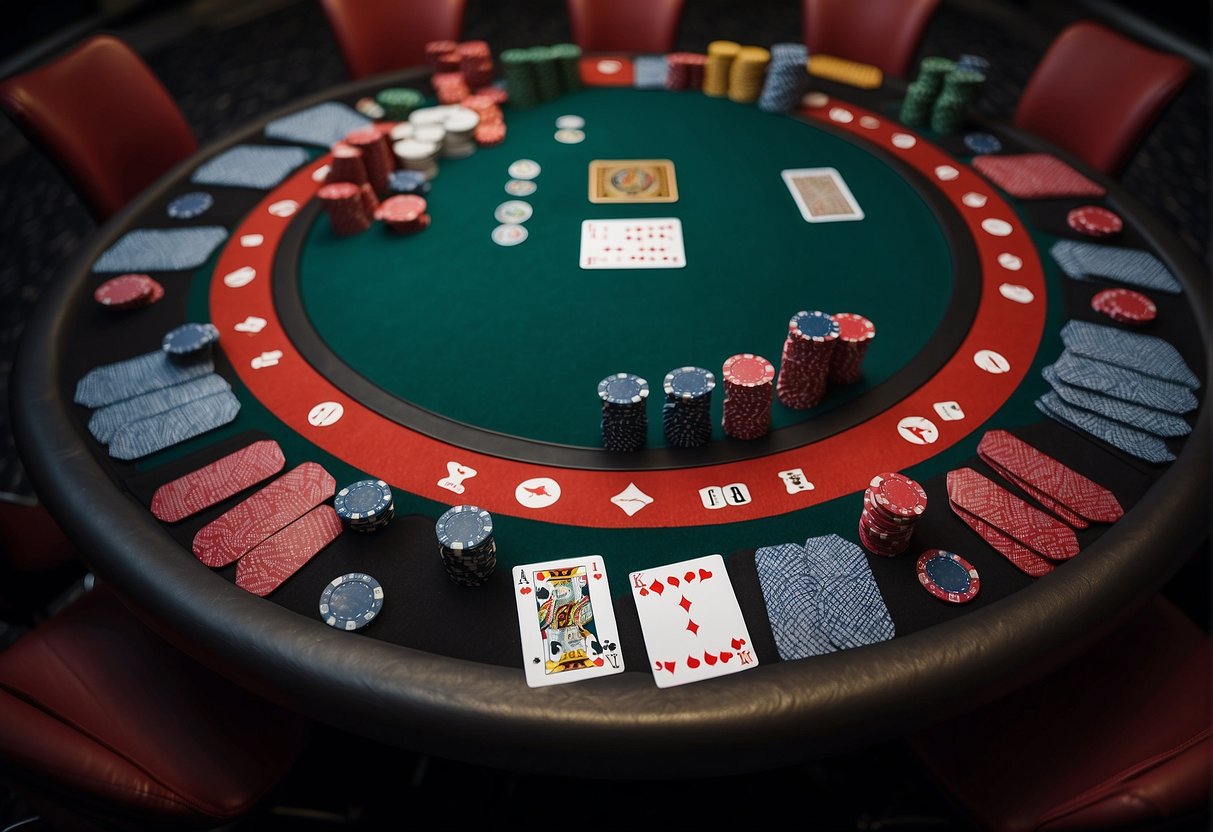 A poker table with branded sponsor logos, chips, and cards