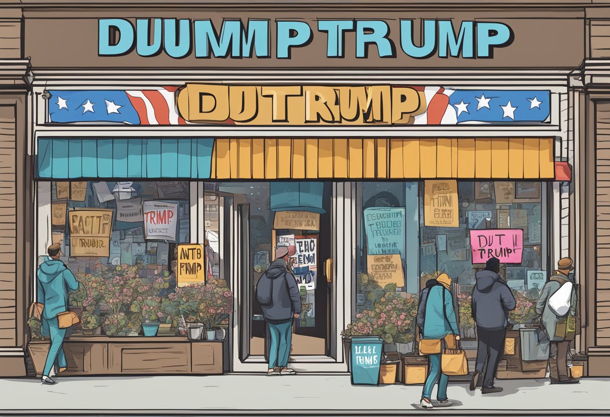 A protest sign reading "Dump Trump" is held high, while businesses display "Anti-Trump" stickers on their storefront windows