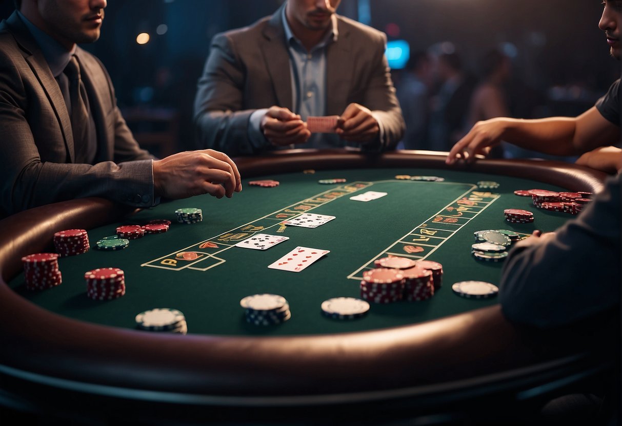 A poker table with cards and chips, players calculating odds and probabilities, tension in the air