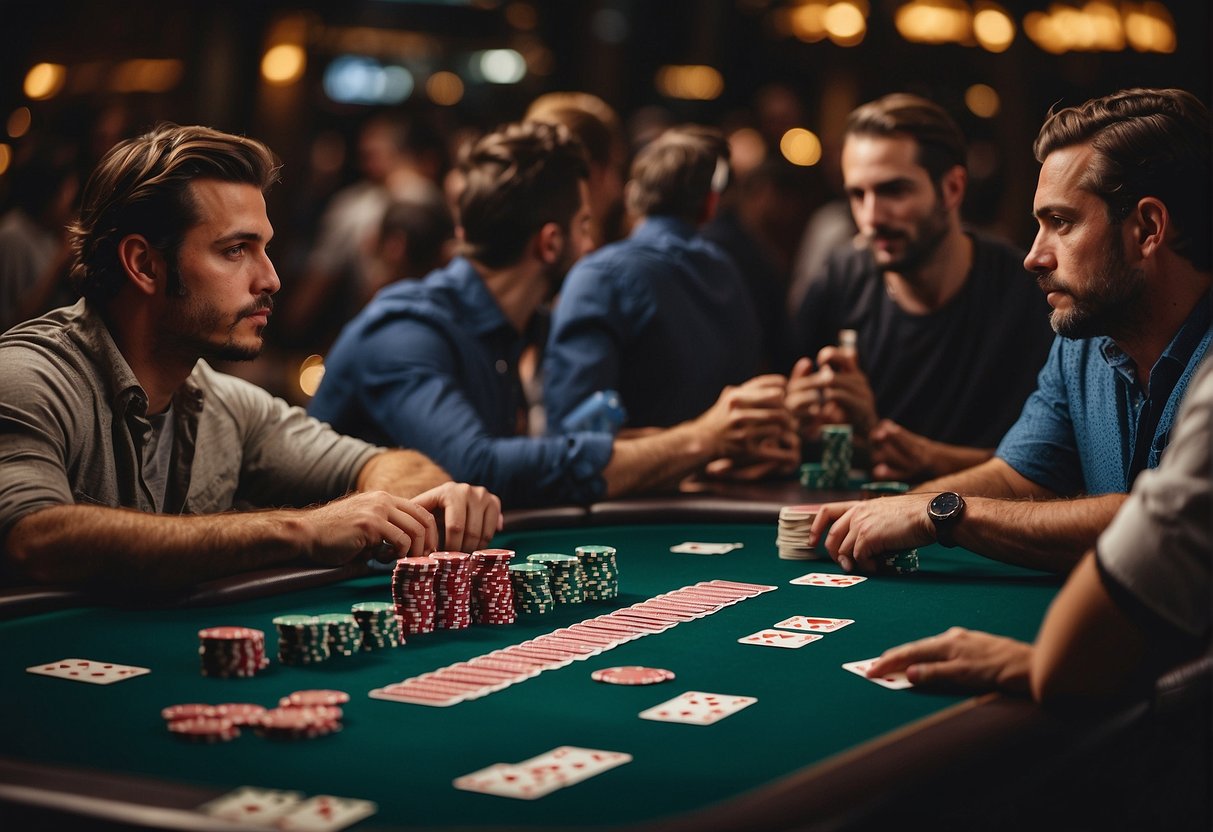 Players at a tournament table focus intently on their cards, while cash game players sit back, chatting and sipping drinks. The tension and concentration of tournament play contrasts with the relaxed atmosphere of a cash game