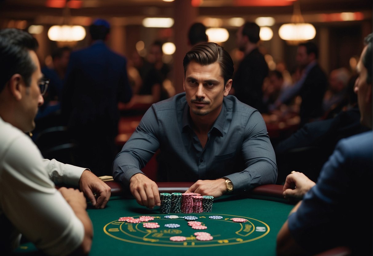 A high-stakes poker game unfolds in a dimly lit, opulent casino, with players strategizing and bluffing amidst the tension and excitement