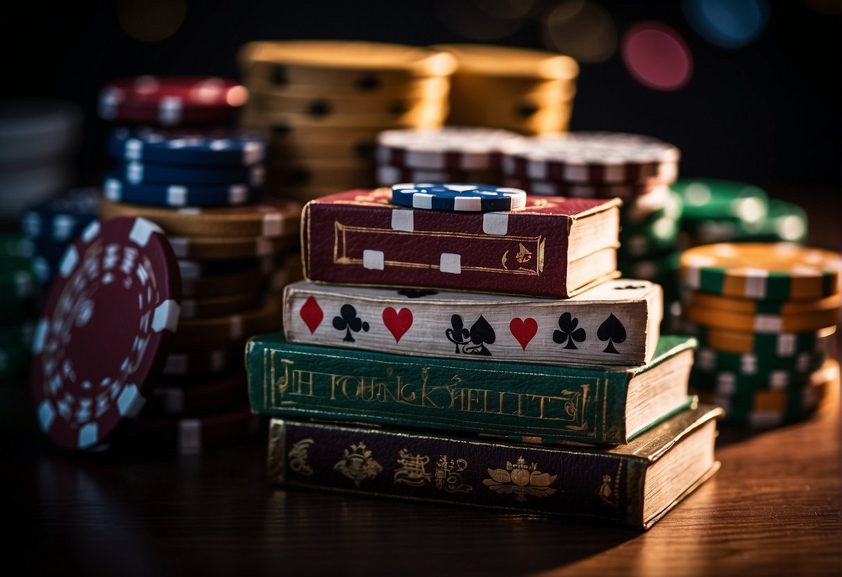 A stack of poker books surrounded by playing cards and poker chips