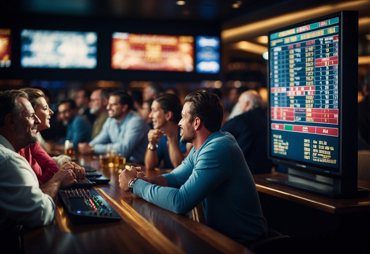 An intense game of niche sports betting, with spectators cheering and placing bets at a lively and vibrant sportsbook