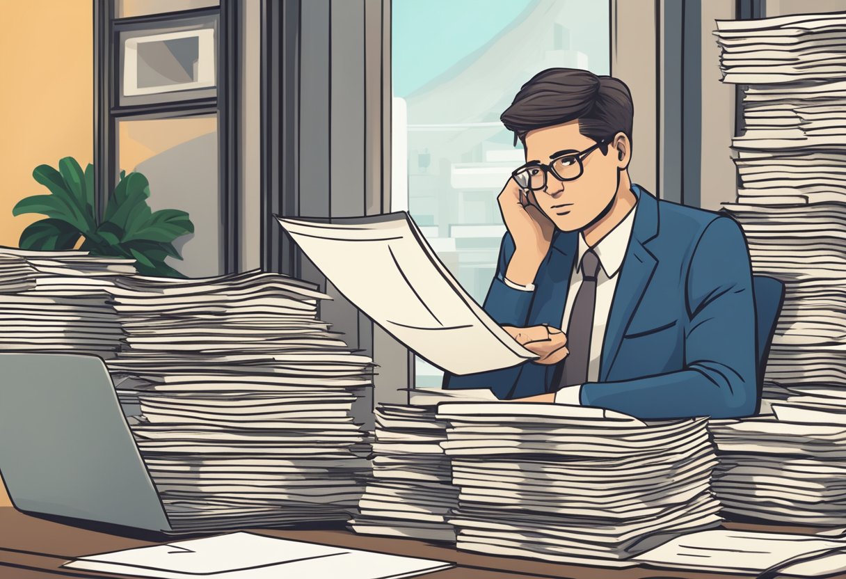 A stack of unpaid bills and loan statements, a worried expression on a person's face, and a legal document titled "Superendividamento Law" in the background