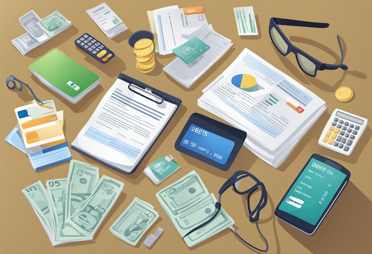 Various debts are shown on a table, including credit card bills, loan statements, and medical expenses
