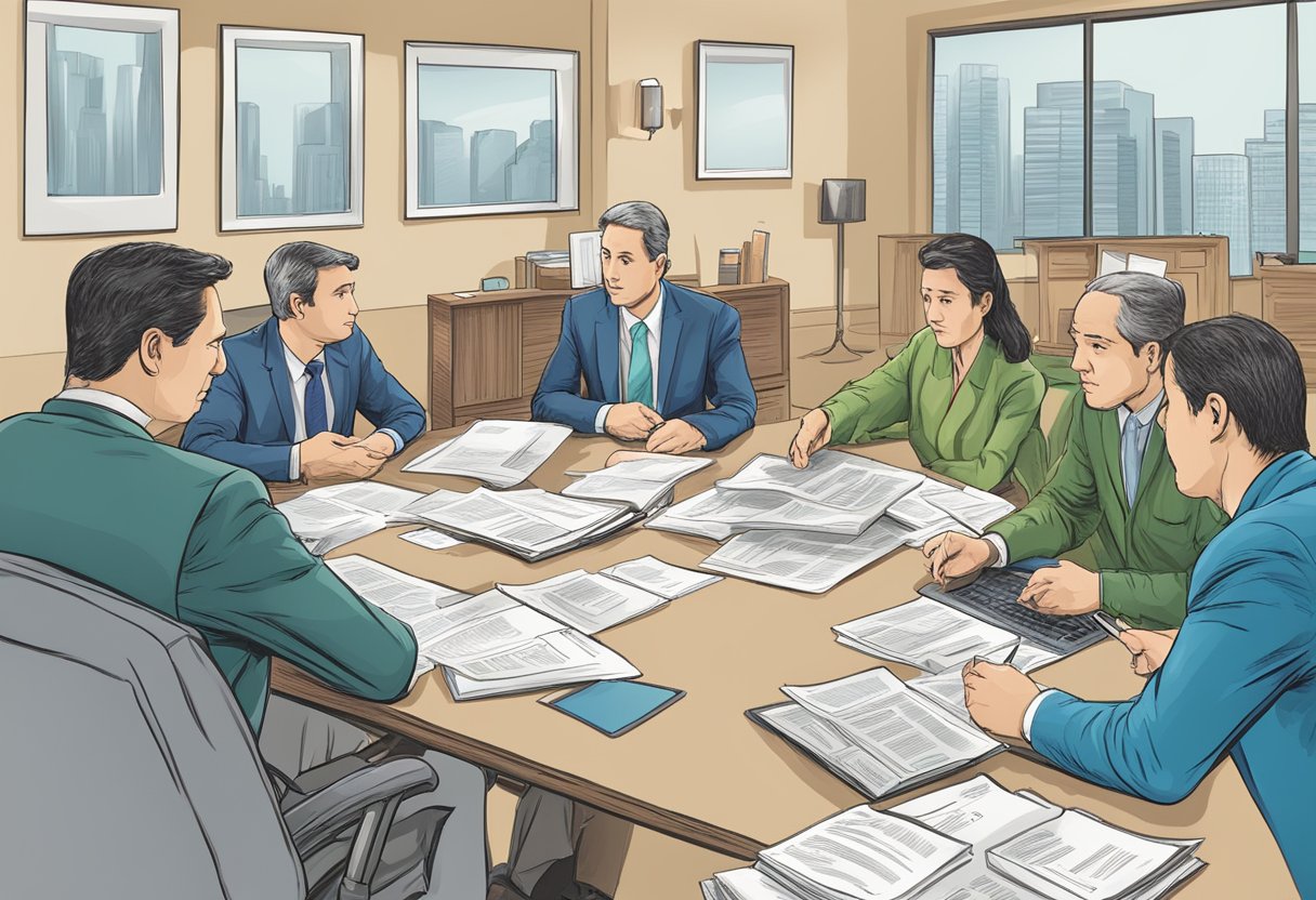 The scene depicts various consumer protection agencies discussing debts covered under the superindebtedness law