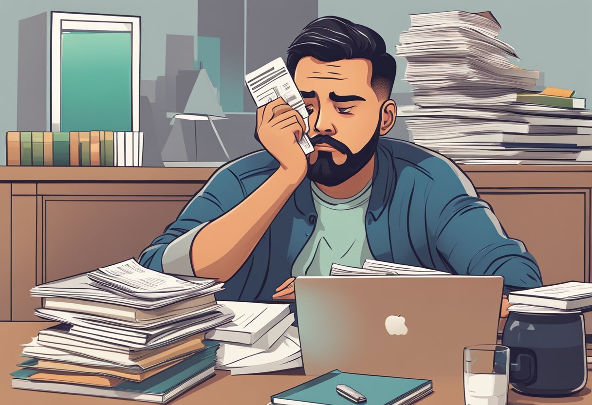 A stack of unpaid bills and credit card statements, a worried expression on a person's face, and a pile of financial education books and resources nearby