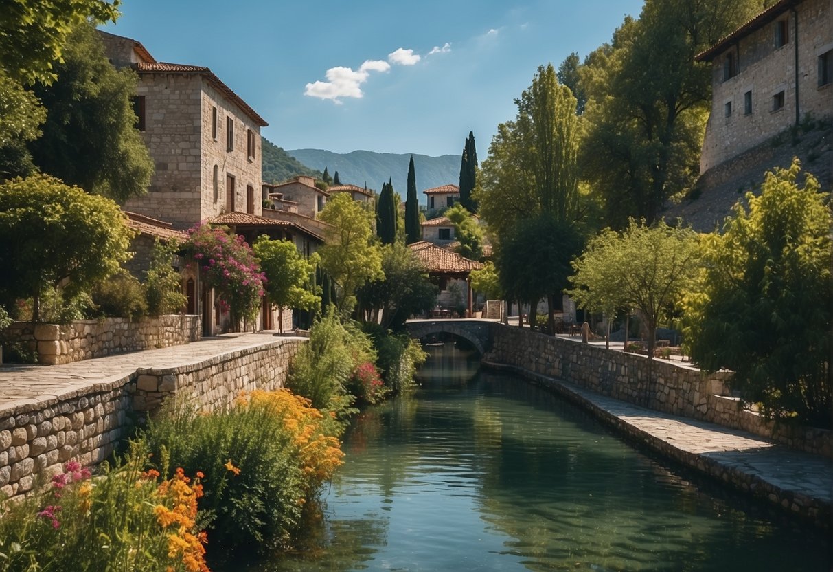 Lush greenery, colorful flowers, and winding paths fill the gardens of Ioannina, Greece. A tranquil lake reflects the surrounding mountains, while ancient stone walls add a sense of history to the picturesque scene