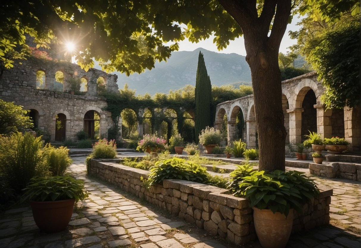 Lush gardens in Ioannina, Greece showcase historical and cultural artifacts. Ancient ruins, traditional architecture, and vibrant flora create a serene and educational atmosphere
