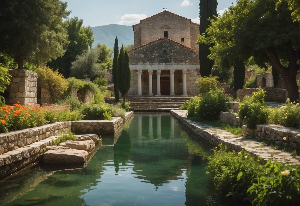 Lush greenery surrounds ancient stone structures in the Religious Heritage gardens of Ioannina, Greece. The serene atmosphere is enhanced by colorful flowers and tranquil water features