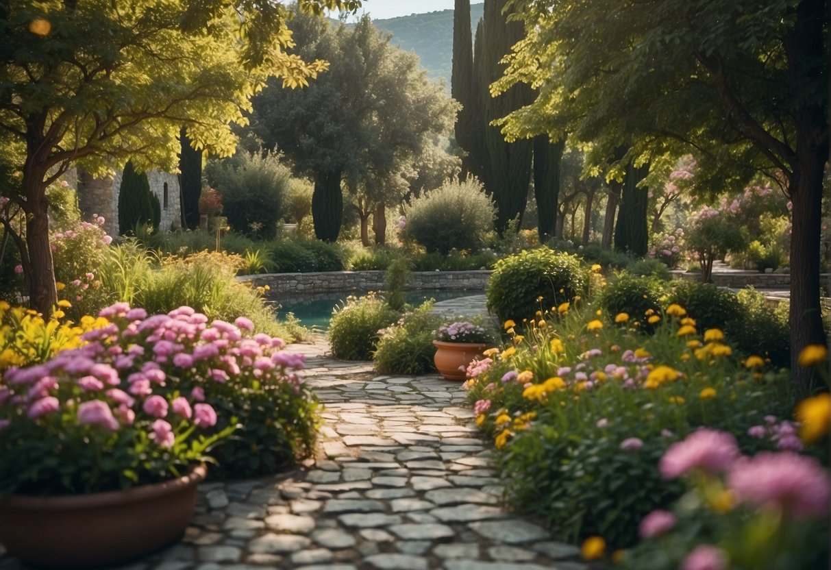Lush green gardens with colorful flowers, winding paths, and serene water features in Ioannina, Greece