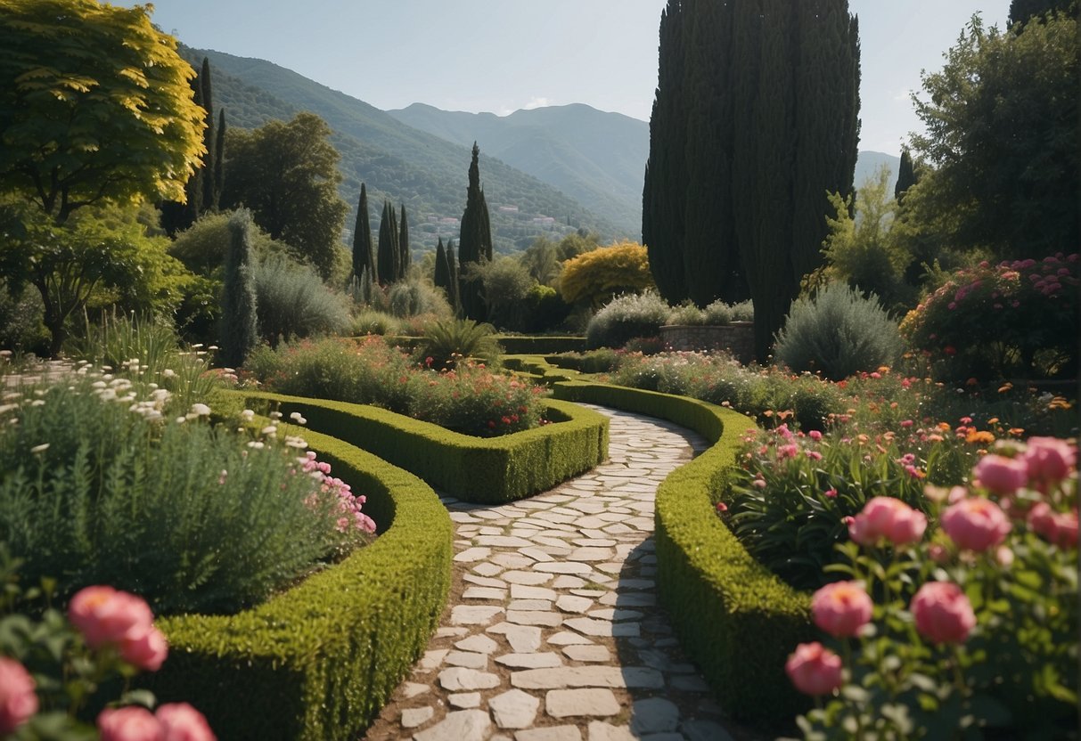 Lush greenery, vibrant flowers, and winding paths in the Arts and Crafts gardens of Ioannina, Greece