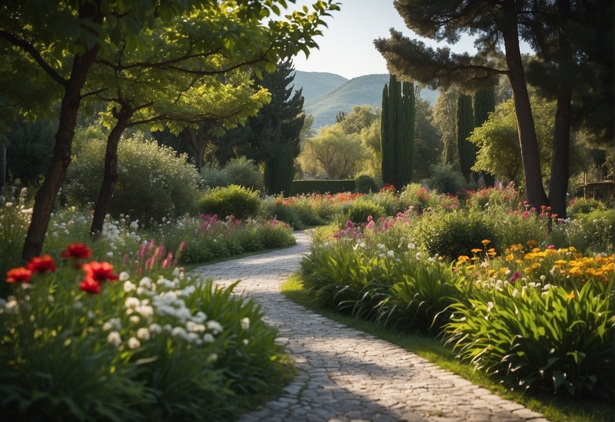 Lush green gardens in Ioannina, Greece. Colorful flowers, winding paths, and serene ponds create a peaceful atmosphere for visitors to enjoy