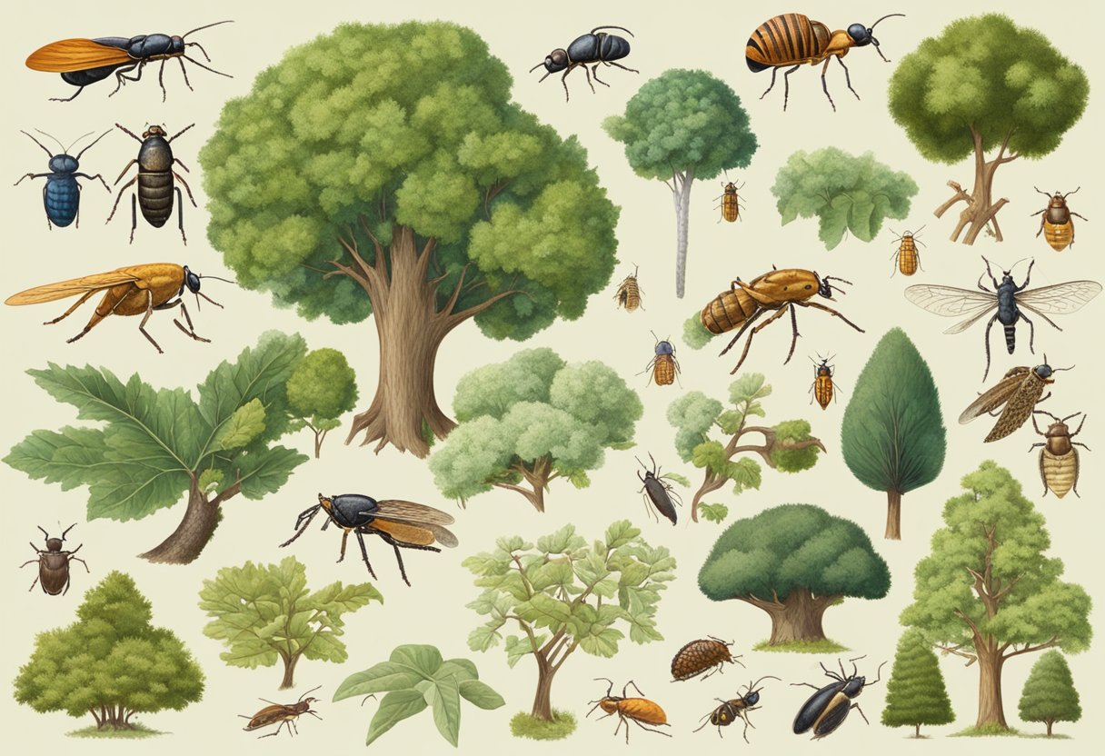 The illustration shows various tree pests infesting different types of trees in North Carolina, including insects, fungi, and diseases
