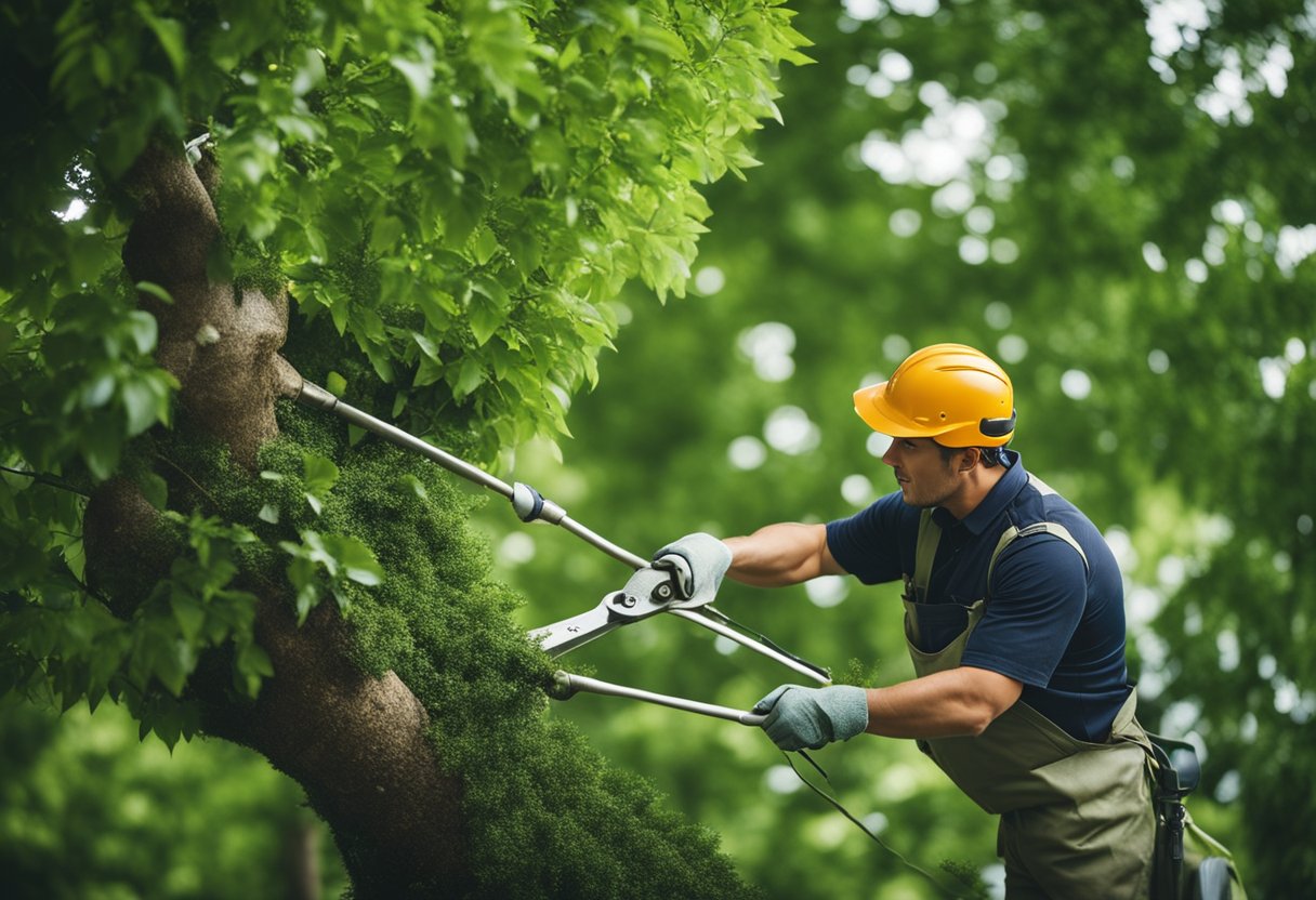 A tree with a thick trunk and lush green leaves being carefully pruned by a tree trimmer