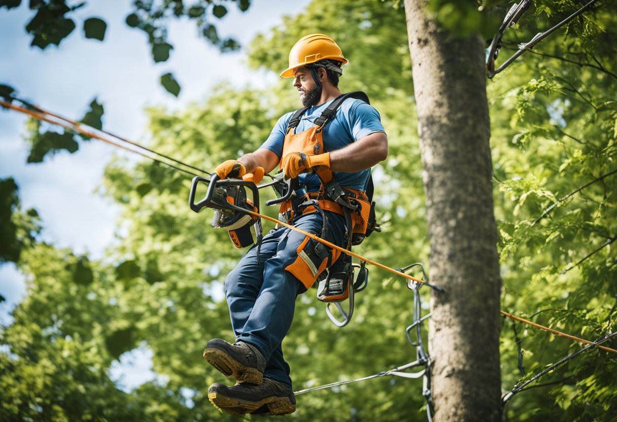 Tree trimmers wearing helmets and harnesses, using safety ropes and chainsaws, while working at heights