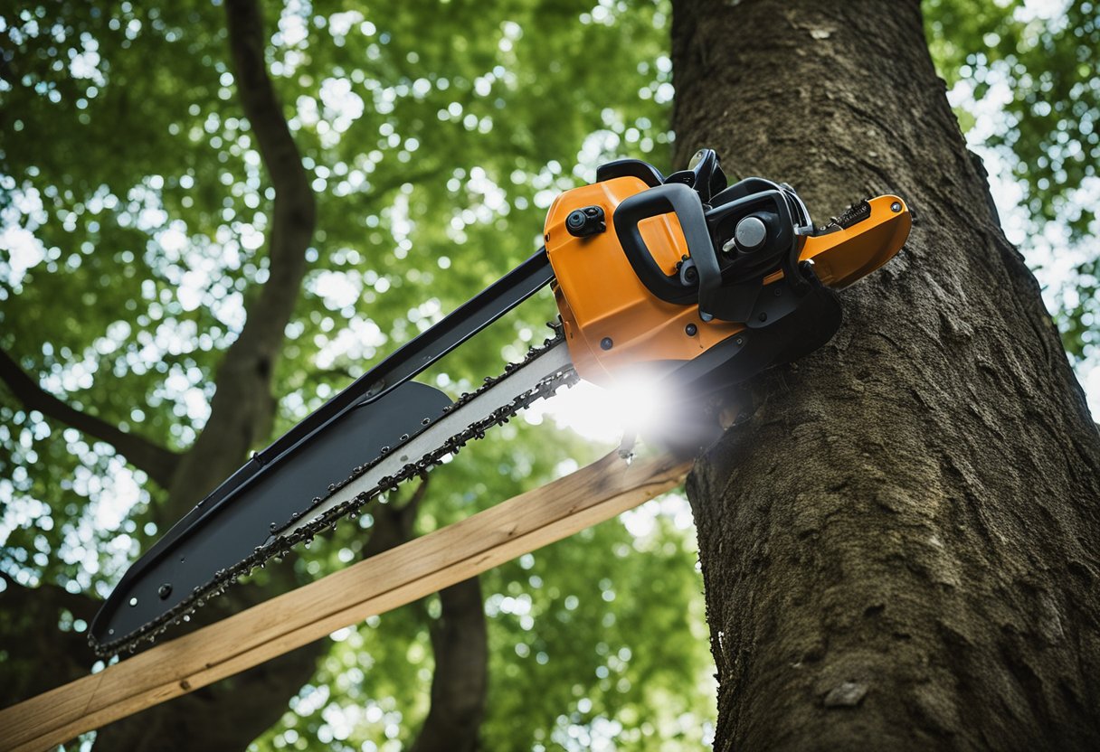 A chainsaw and ladder lay beneath a tall tree with overhanging branches. Pruning shears, gloves, and a safety helmet sit nearby