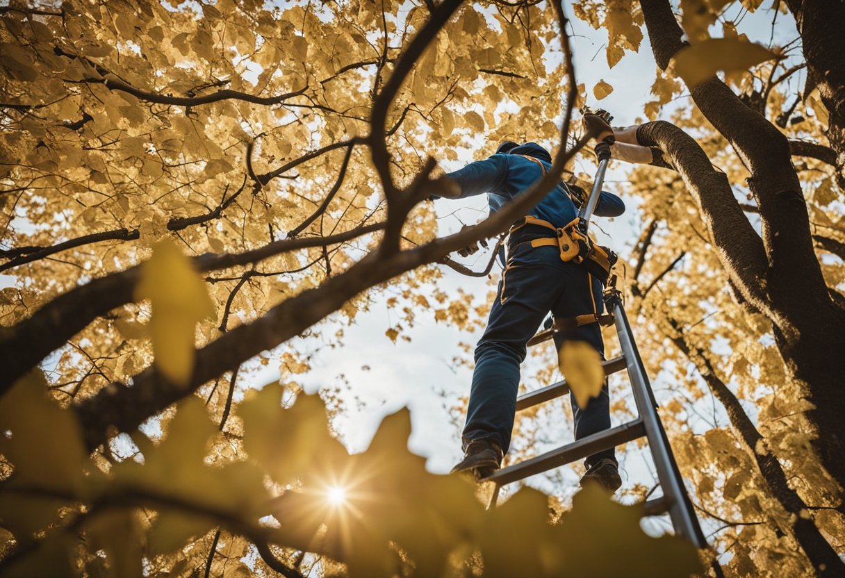 A person standing on a ladder, trimming branches from a tall tree with pruning shears. Branches and leaves falling to the ground