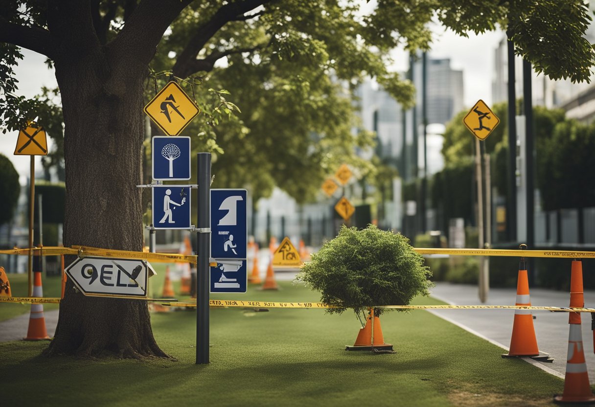 A tree being trimmed with equipment, surrounded by caution signs and protective barriers