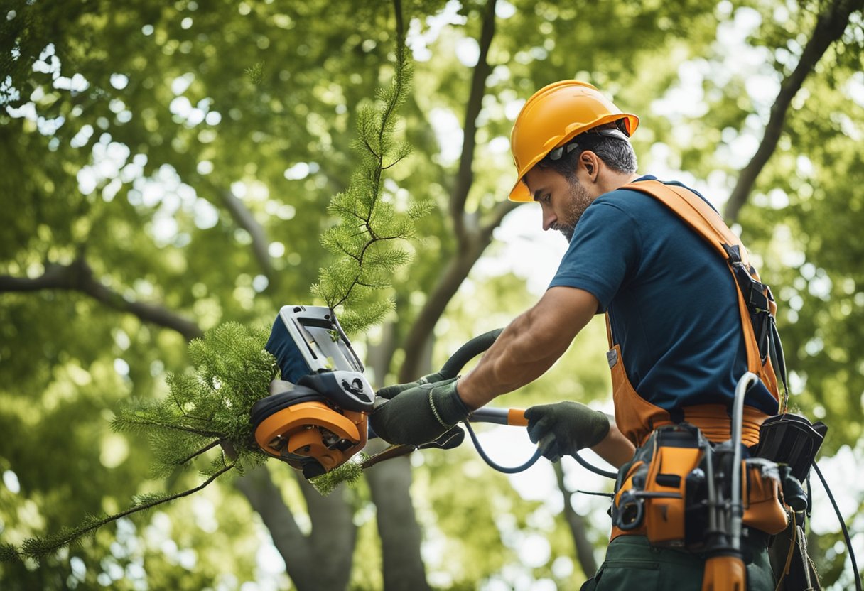 A professional arborist trimming a tree with precision and care. The arborist is using specialized tools to prune and shape the branches