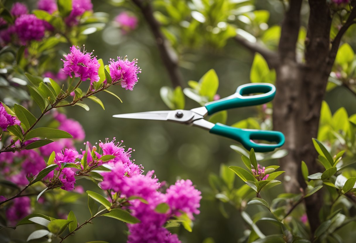A pair of pruning shears cutting back overgrown crepe myrtle branches, with a clear view of the tree's structure and the proper angle of the cuts