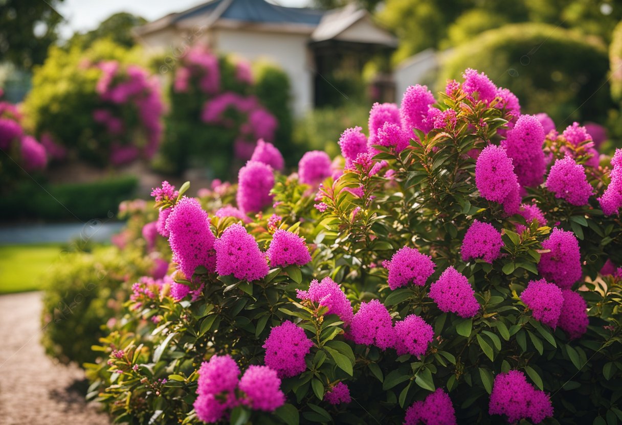 A garden with vibrant crepe myrtle trees in bloom, surrounded by tools for trimming and shaping the branches