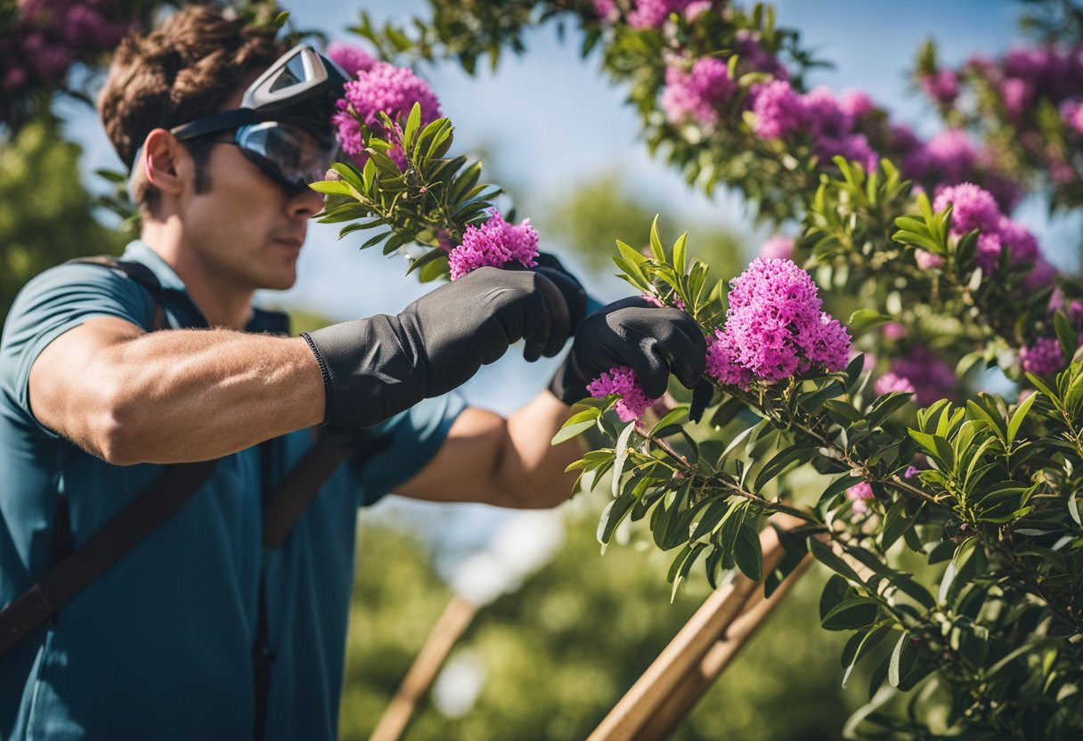 A person wearing gloves and safety goggles trims a crepe myrtle tree with pruning shears and a ladder nearby