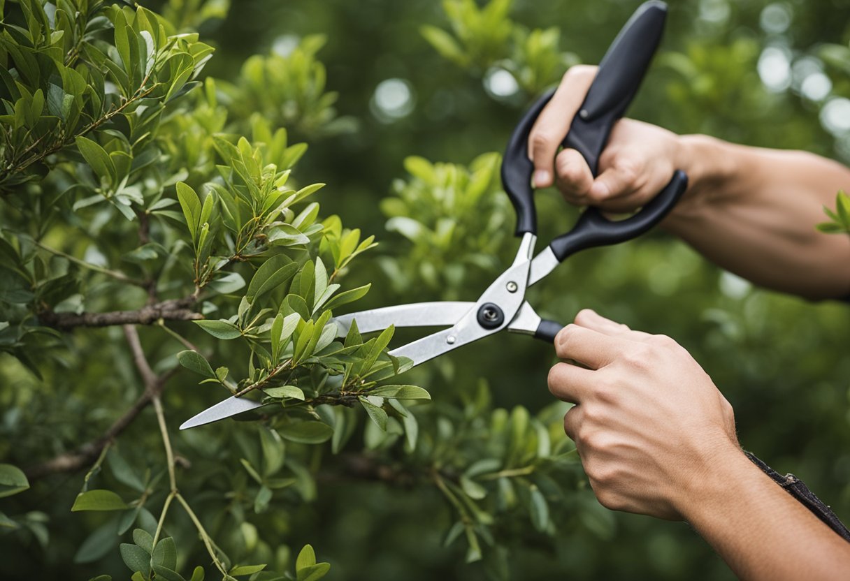 A person trims a crepe myrtle tree, using sharp shears to cut away dead or overgrown branches, creating a neat and balanced shape