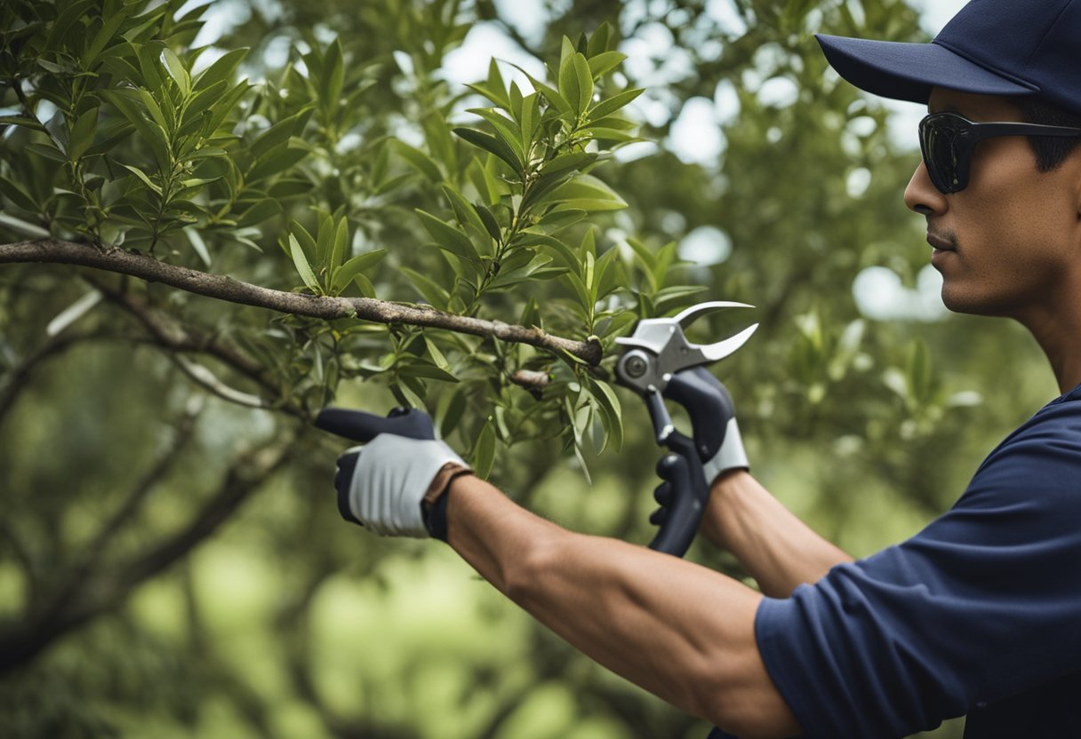 A person trims crepe myrtle trees with pruning shears and removes dead branches, creating a neat and tidy appearance