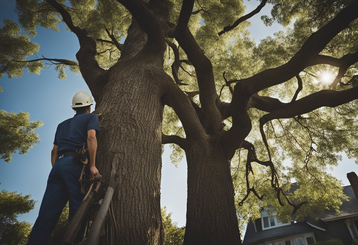 A tree with large, dead branches hanging precariously, leaning towards a house. A professional arborist inspecting the tree with a concerned expression
