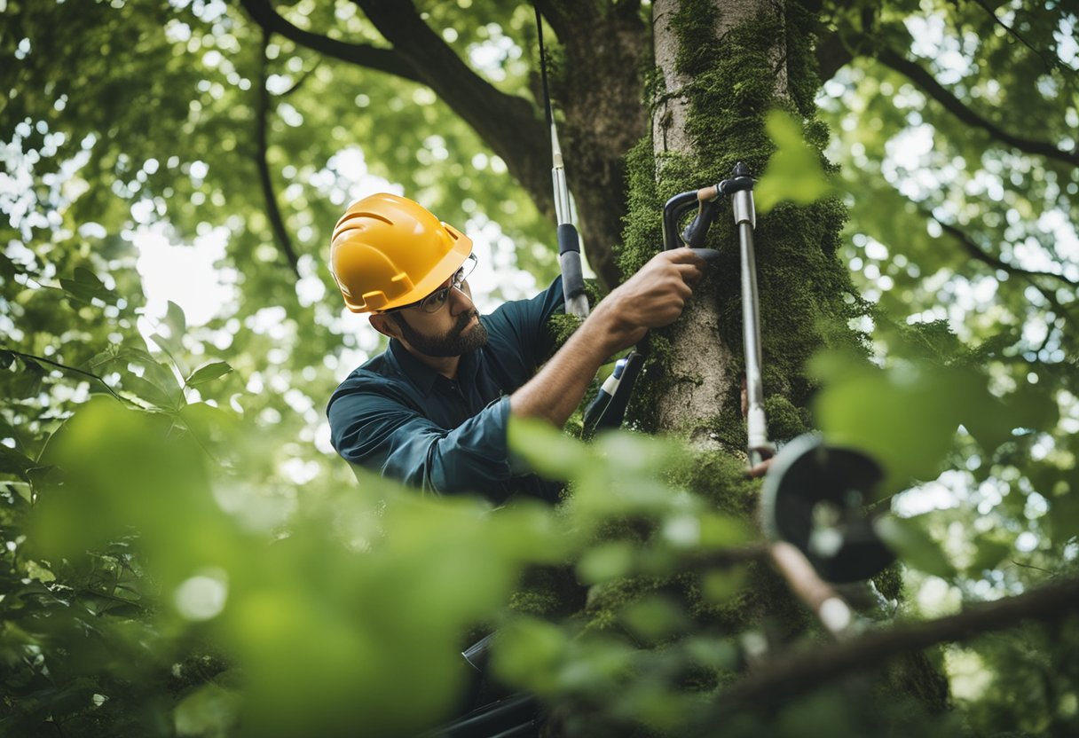 A tree with overgrown branches, surrounded by tools and equipment. A professional tree service worker assessing the tree's condition