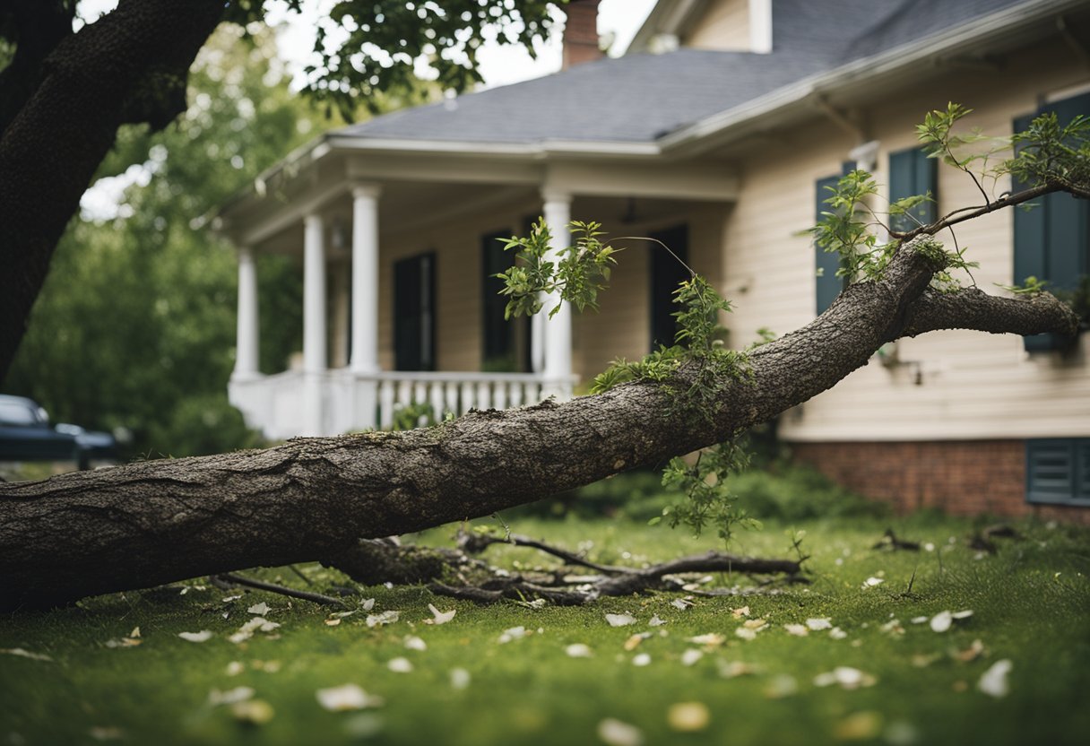 A tree leaning dangerously over a house with broken branches and debris scattered on the ground